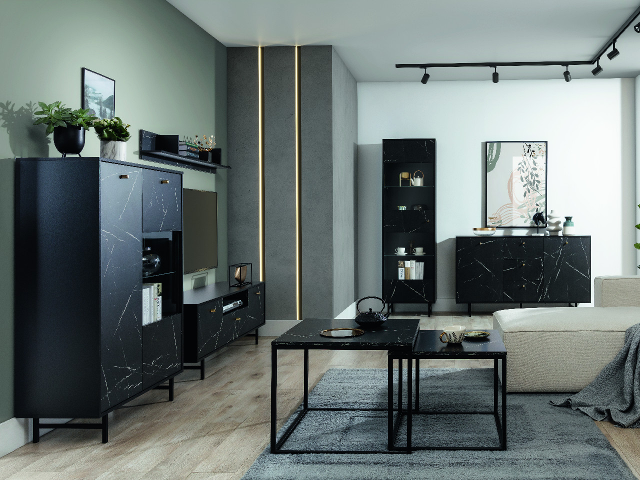 Wohnzimmer-Set VEROLI 1 schwarz / schwarz marmor