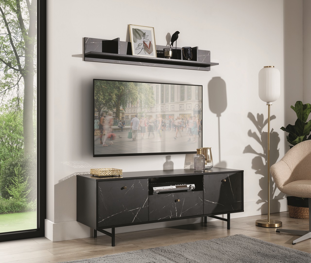 TV Lowboard VEROLI VR03 schwarz / schwarz marmor